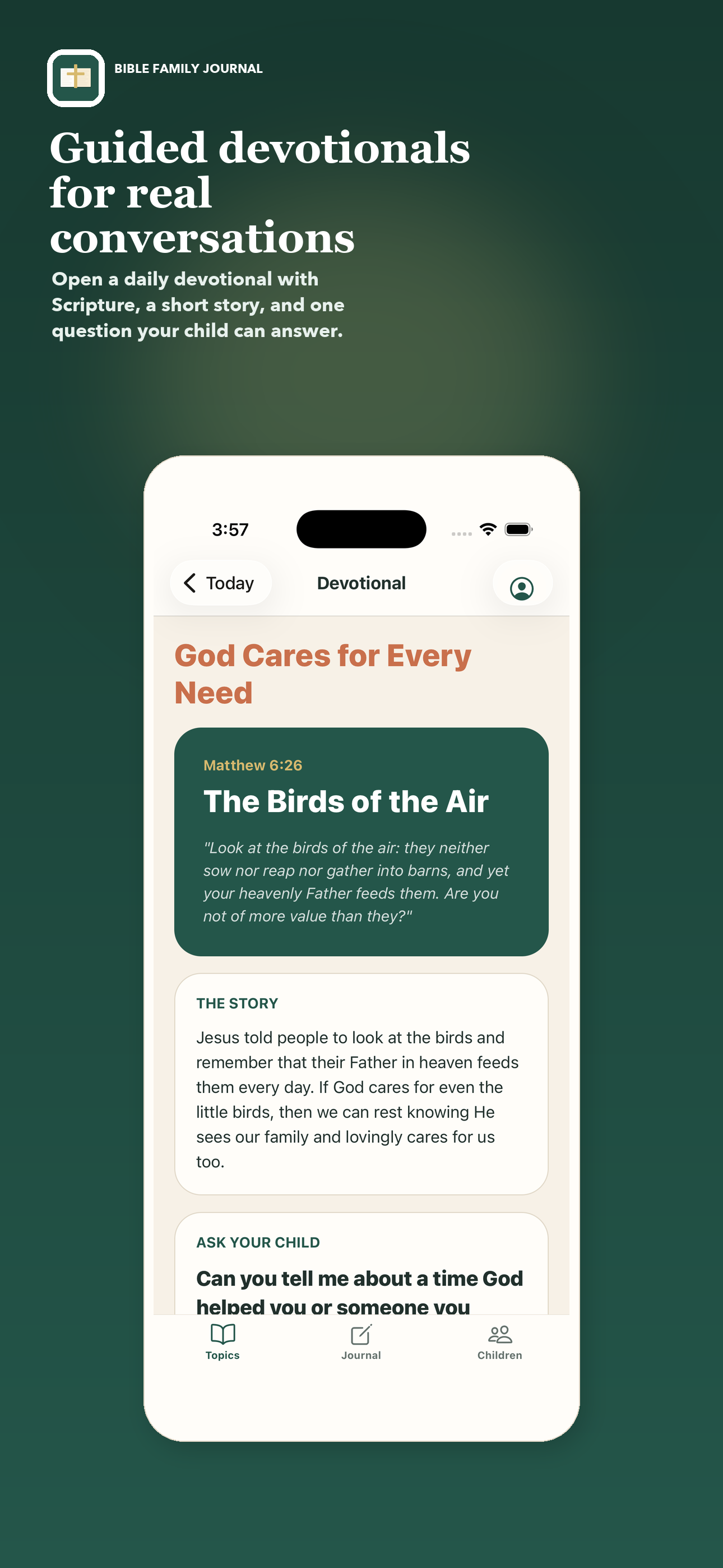 Guided devotion screen with a short Bible-based prompt for real conversations.