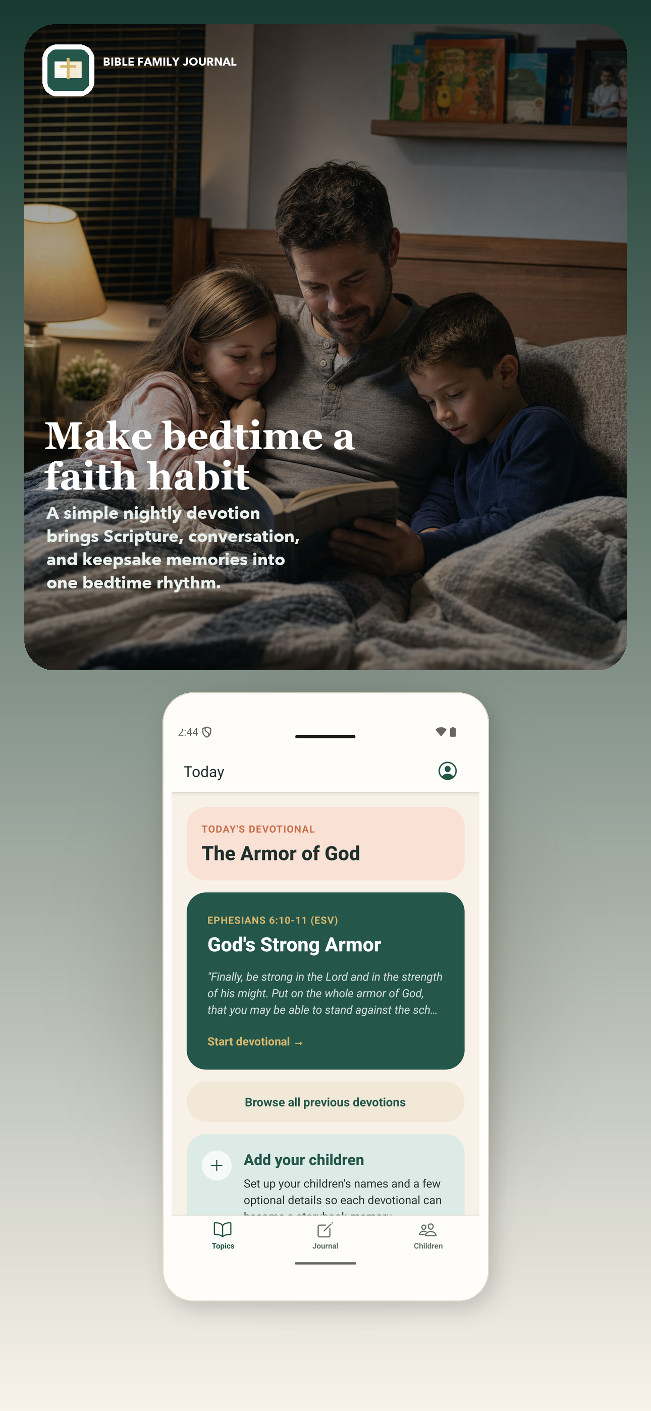 Bedtime faith habit screen showing a simple devotional flow for family routines.
