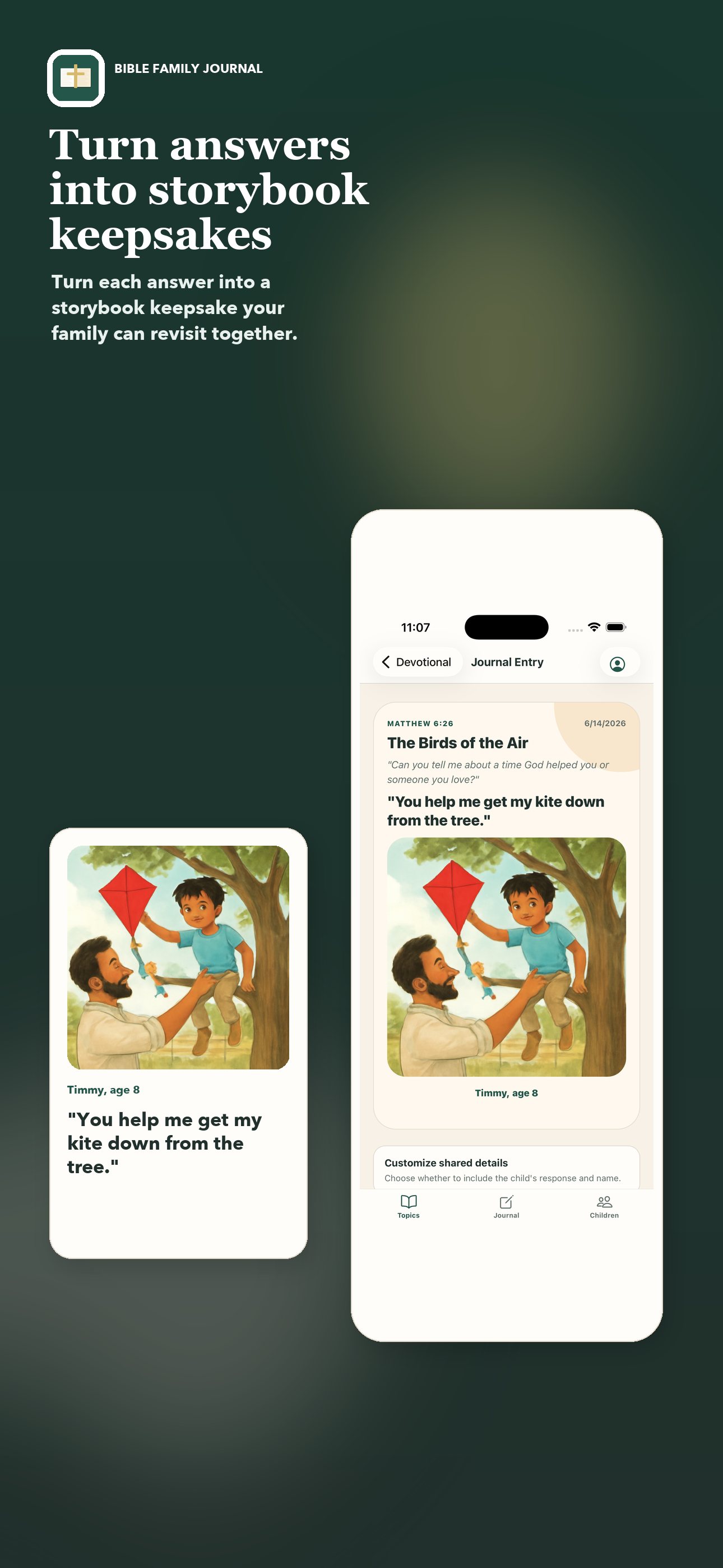 Storybook keepsake screen showing saved responses and recordings turned into something families can revisit.
